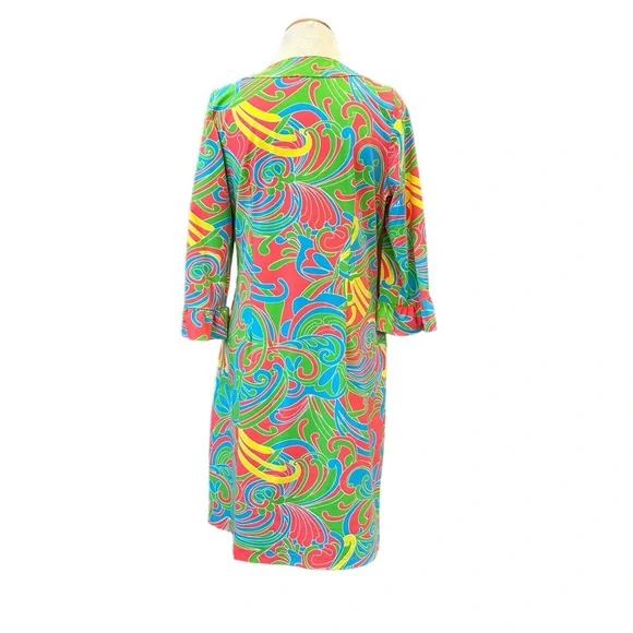KATHERINE WAY BOLD MOD LONG SLEEVE SUMMER DRESS BOLD COLORFUL PRINT 1960s 1970s - Picture 2 of 13
